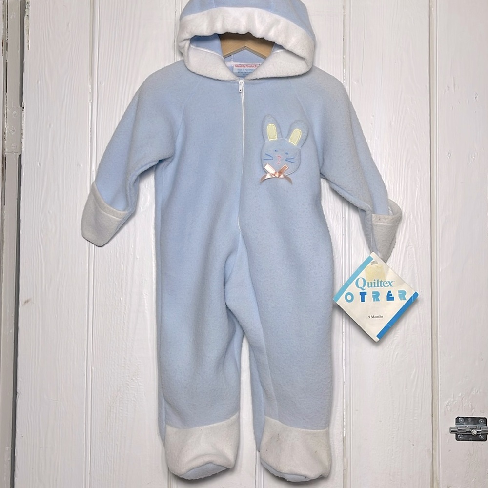 VINTAGE NWT QUILTEX Adorable Boys Blue Fleece Bunny Zip Up Footie